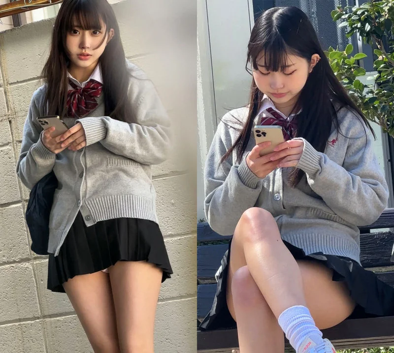灰色のカーディガンに身を包んだ天美めあが、スマホを手に少し恥ずかしそうな表情を浮かべている。雰囲気は可愛いんだけど、制服の着こなしがちょっとゆるくてツッコミどころ満載だ。