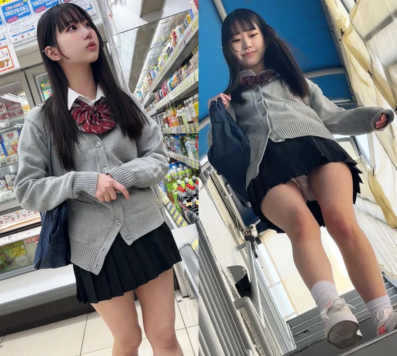 制服姿の天美めあが可愛く決まってるけど、右の階段ショットはちょっとポーズがゆるくてツッコミどころ満載だね。